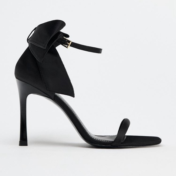 NWT. Zara Black Satin Effect High-Heel Shoes/Sandals with Bow. Size 9. - Picture 2 of 7
